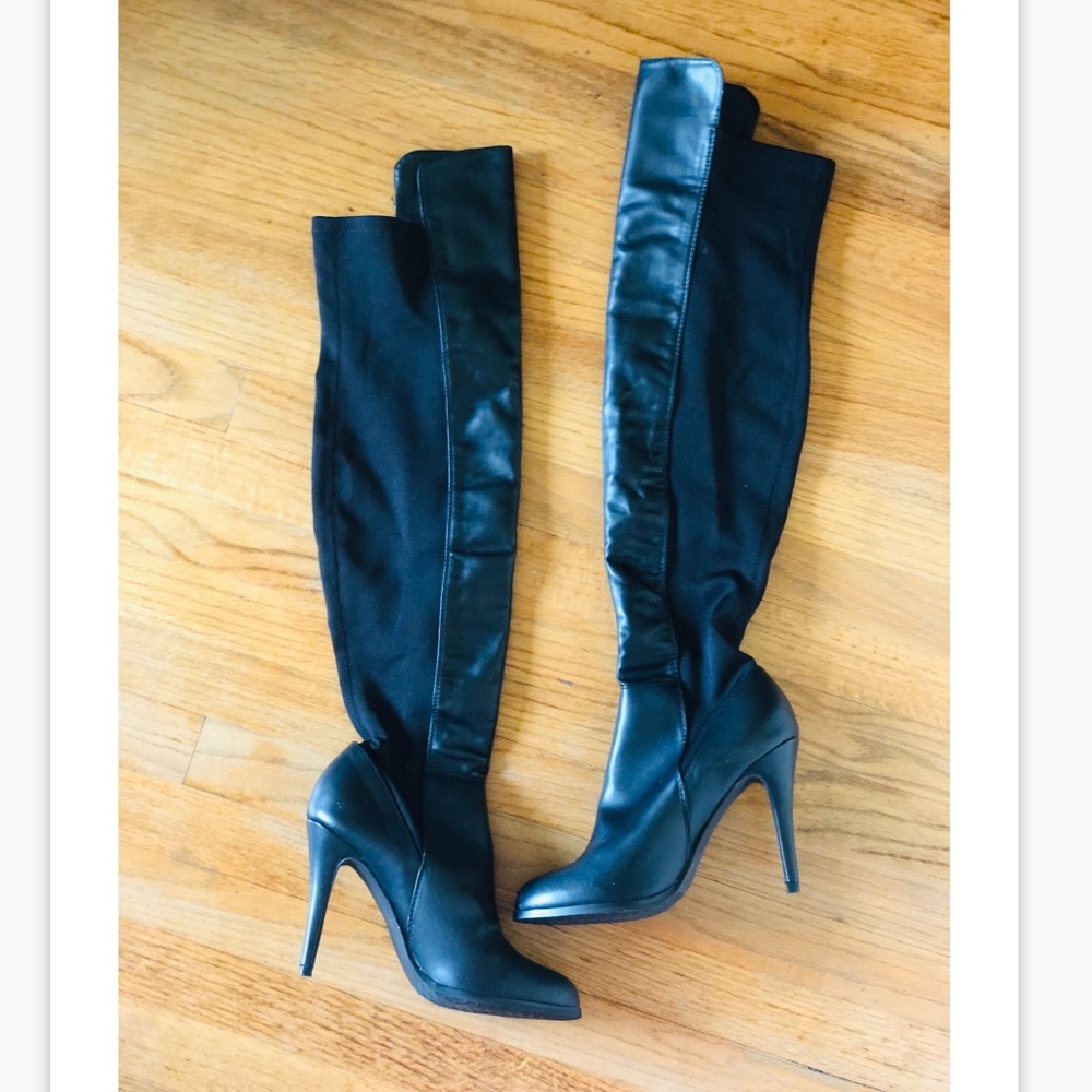 Faux leather over the knee heeled boots